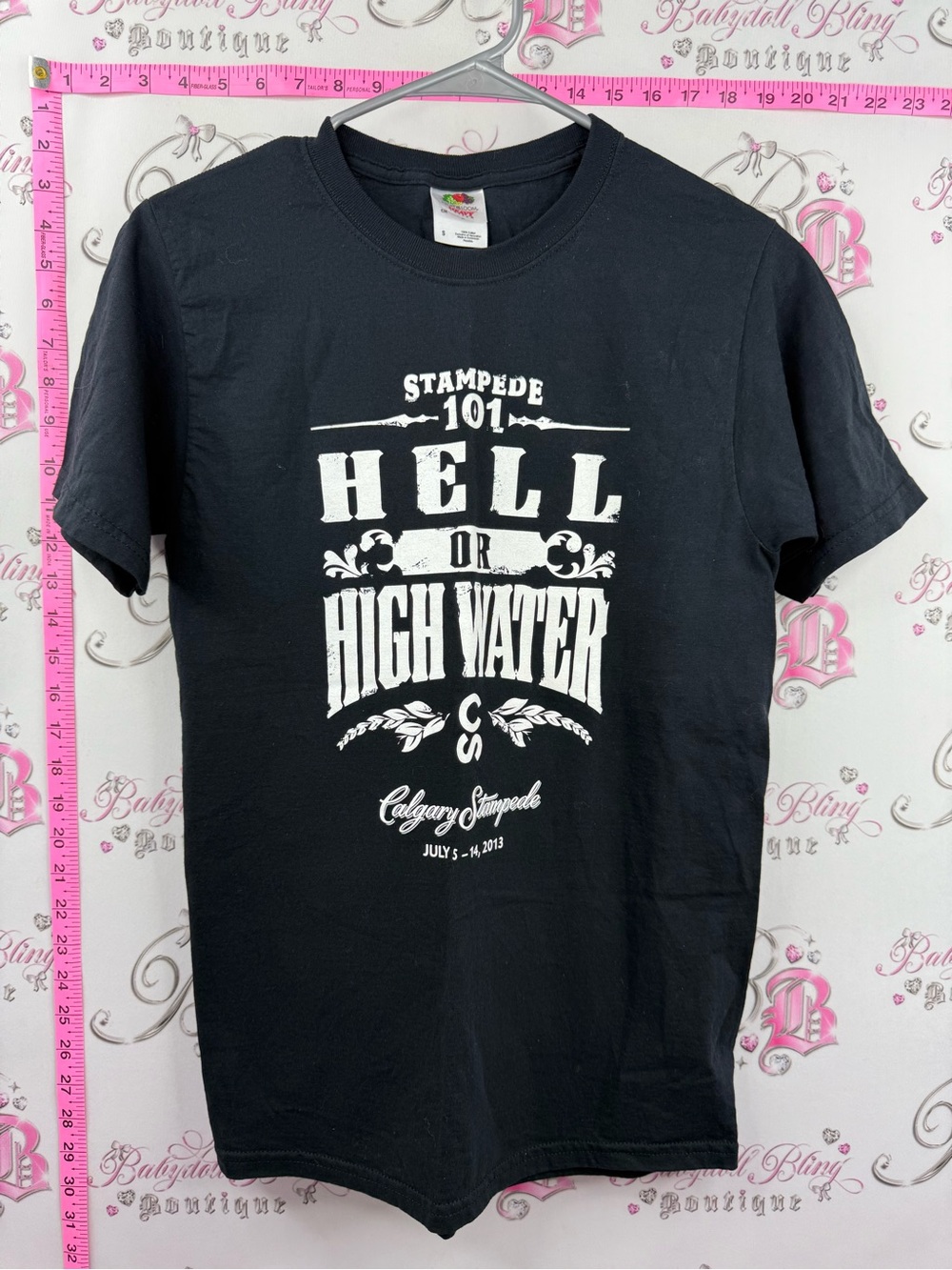 Fruit of the Loom Black Tee with White 'Hell or High Water' Stampede Graphic